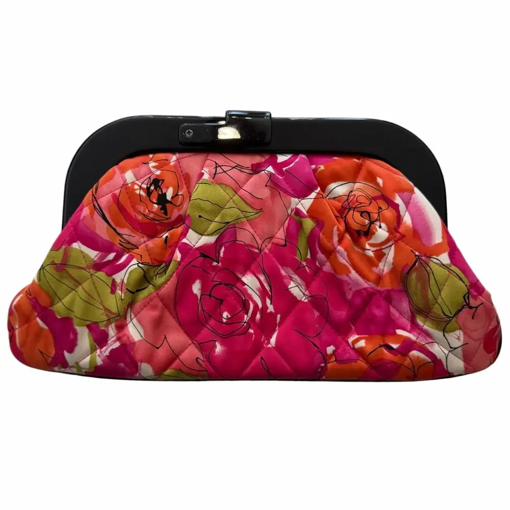 Vera Bradley Pink Vintage Rose Millie Floral Quilted Satin Clutch Black Lucite - Picture 3 of 11